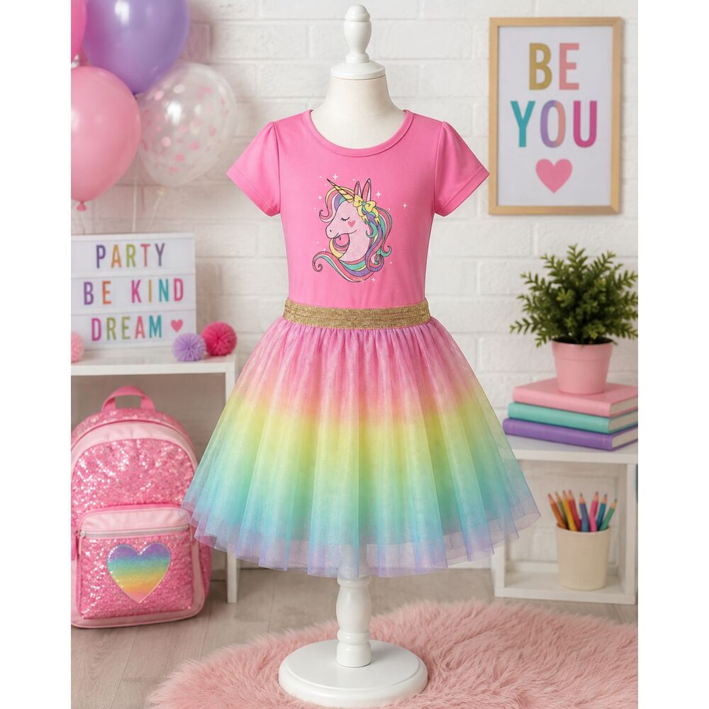 Extremely Me Girls Sz 4 Pink Unicorn Rainbow Tutu Dress Party/Back To School NWT